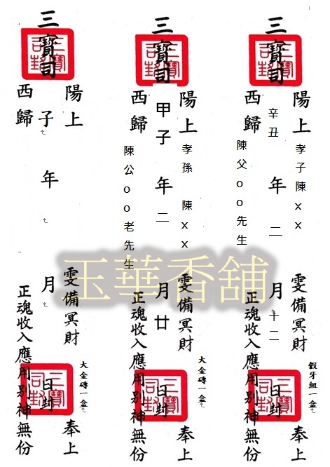 紙紮封條疏寫方式完整範例，示範陽上姓名、關係稱謂、農曆年月日與燒化用語正確寫法